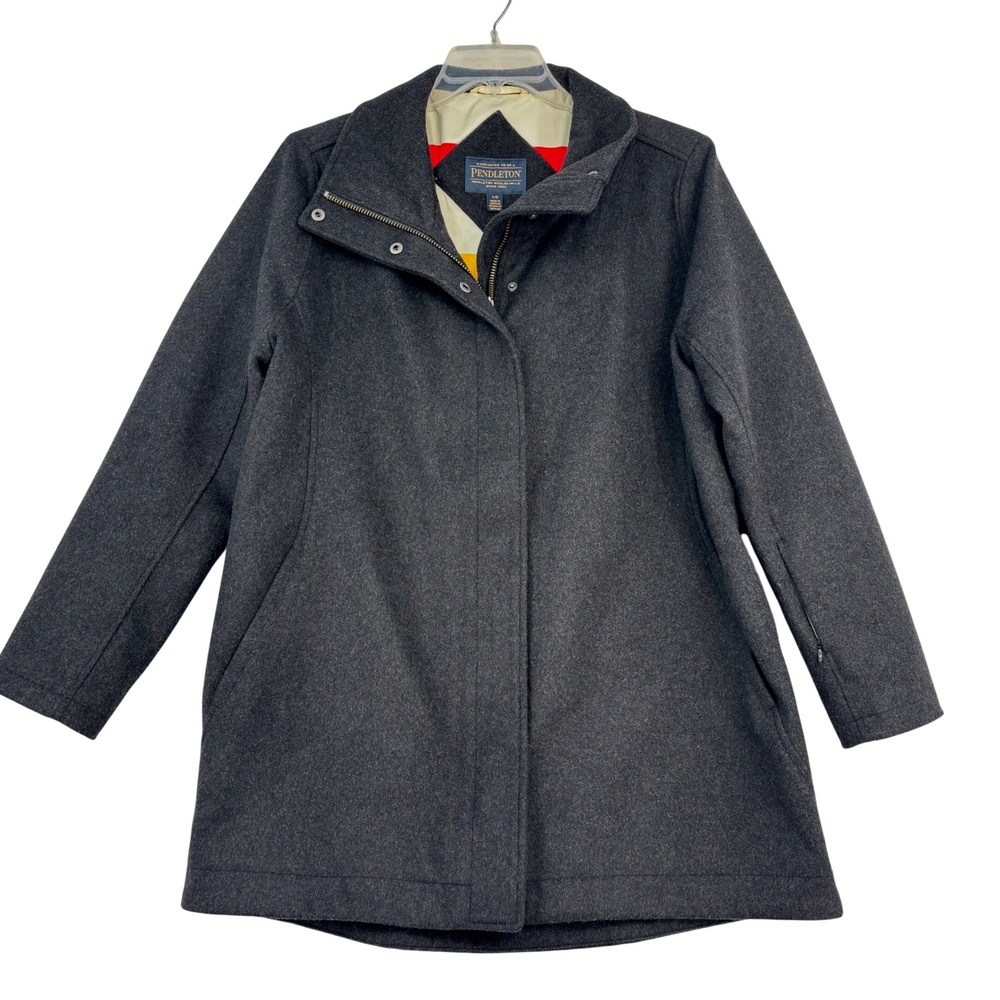 Pendleton Wool Coat Size L Charcoal Gray Stripe Lining Funnel Neck Zip Jacket